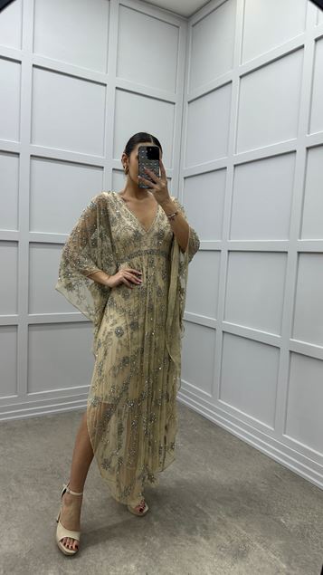 Poudre V-Neck Spécial Brodé Bat Détail Design Robe De Soirée