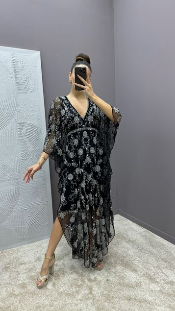 Silver V-Neck Special Embroidered Bat Detail Design Evening Dress