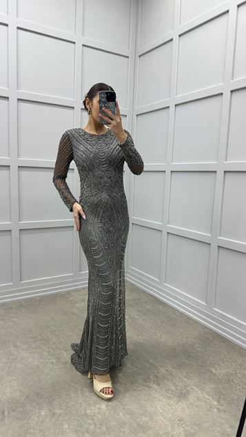 Anthracite Special Embroidered Design Evening Dress