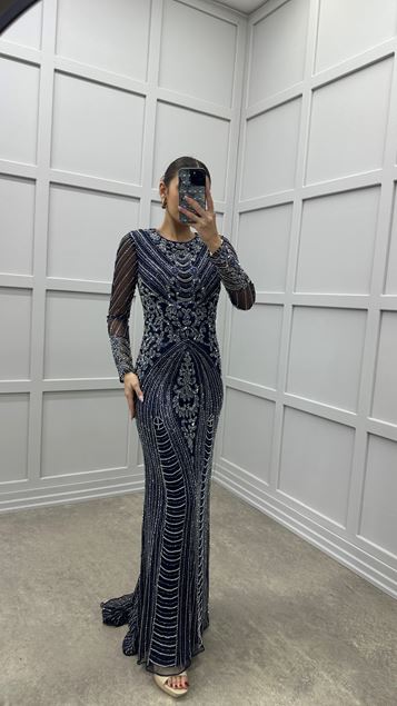 Robe de soirée à motif brodé spécial bleu marine