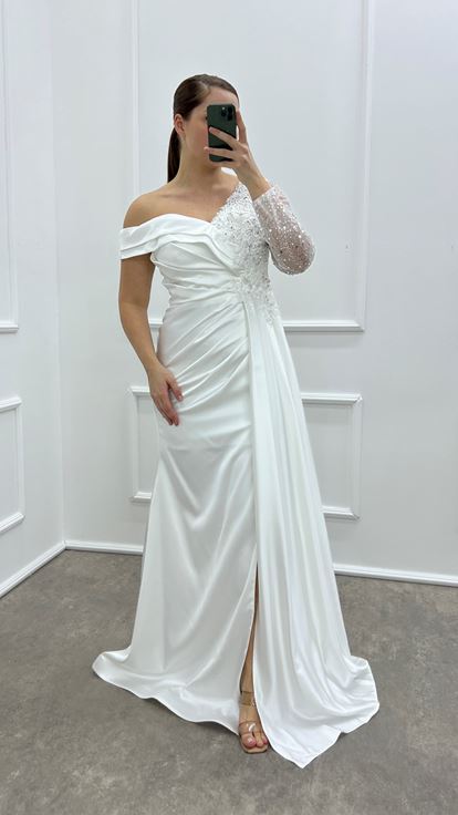 Design Asimmetrico A Braccio Singolo Bianco Design Ricamato Abito Da Sera Di Grande Dimensione