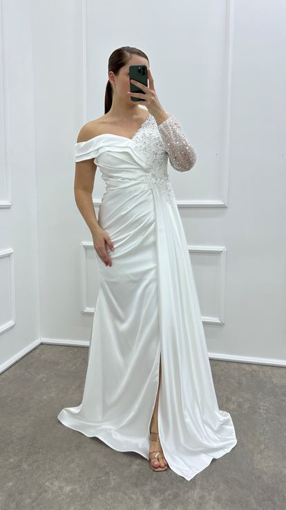 Design Asimmetrico A Braccio Singolo Bianco Design Ricamato Abito Da Sera Di Grande Dimensione