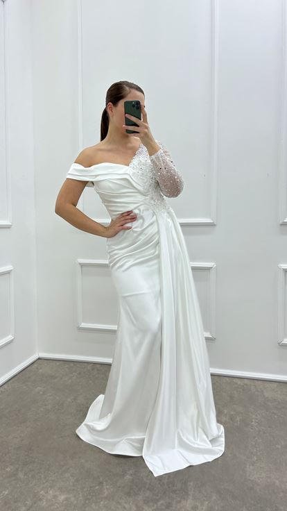 Design Asimmetrico A Braccio Singolo Bianco Design Ricamato Abito Da Sera Di Grande Dimensione