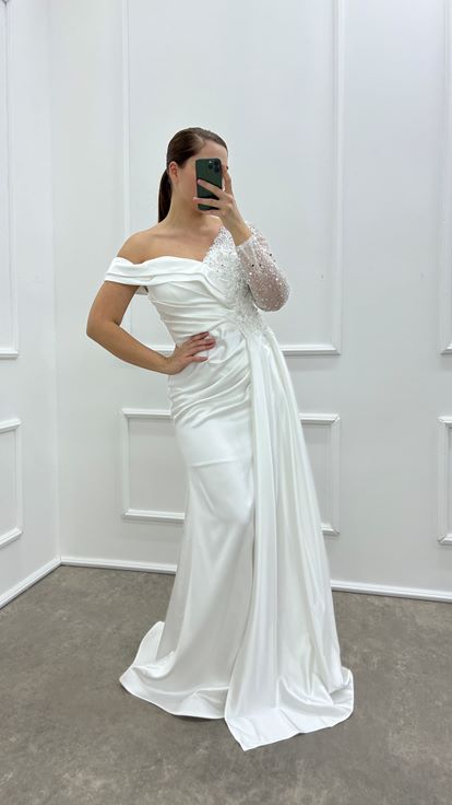 Design Asimmetrico A Braccio Singolo Bianco Design Ricamato Abito Da Sera Di Grande Dimensione