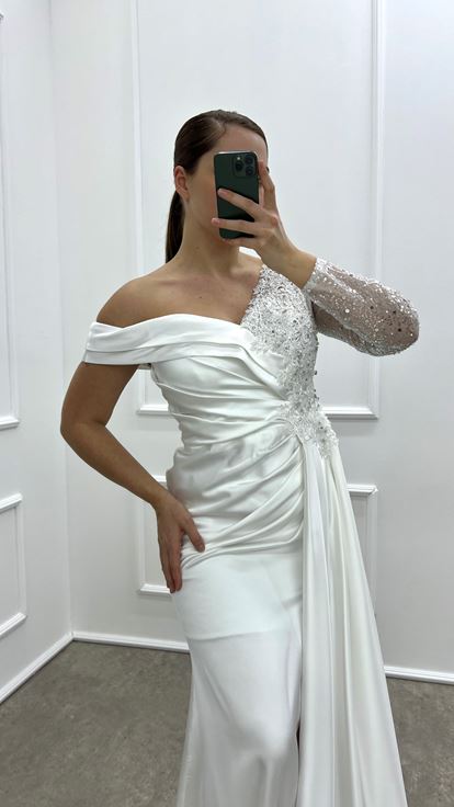 Design Asimmetrico A Braccio Singolo Bianco Design Ricamato Abito Da Sera Di Grande Dimensione