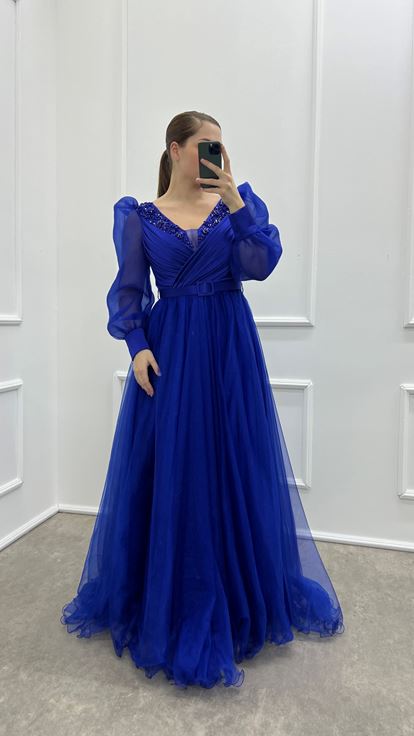 Saks Chest Detail Balloon Sleeve Embroidered Design Tulle Plus Size Evening Dress