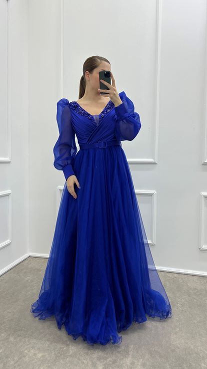 Saks Chest Detail Balloon Sleeve Embroidered Design Tulle Plus Size Evening Dress