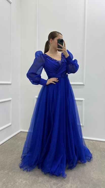 Saks Chest Detail Balloon Sleeve Embroidered Design Tulle Plus Size Evening Dress