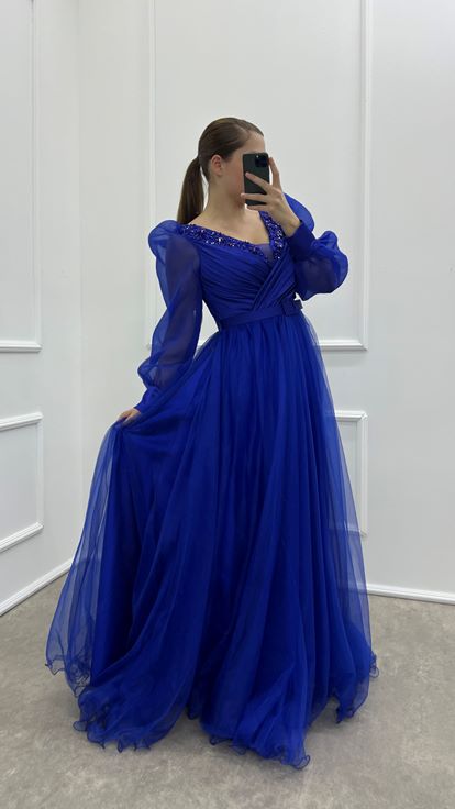 Saks Chest Detail Balloon Sleeve Embroidered Design Tulle Plus Size Evening Dress