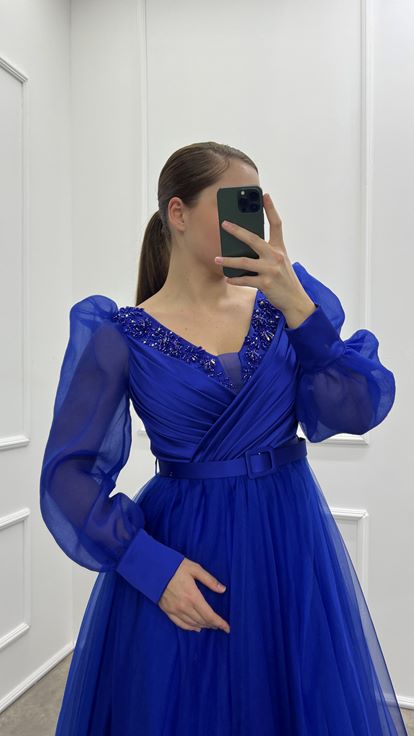 Saks Chest Detail Balloon Sleeve Embroidered Design Tulle Plus Size Evening Dress