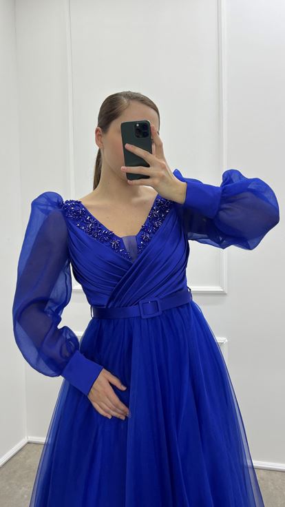 Saks Chest Detail Balloon Sleeve Embroidered Design Tulle Plus Size Evening Dress