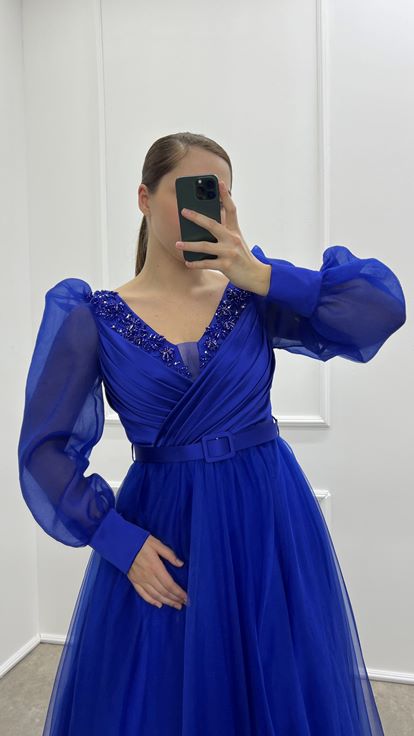 Saks Chest Detail Balloon Sleeve Embroidered Design Tulle Plus Size Evening Dress