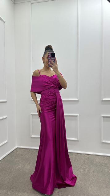 Fuchsia Double-breasted Collar Belted Design Satin Evening Dress