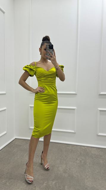 Sarı Drapeli Kol Detay Tasarım Kalem Elbise