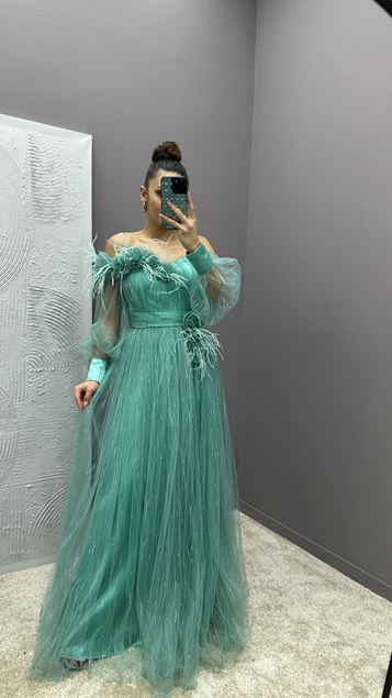Mint Green Chest Feather Detail Design Tulle Evening Dress