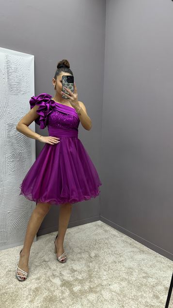 Fuchsia One Shoulder Flywheel Detail Design Tulle Dress