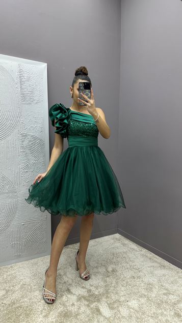 Emerald Green One Shoulder Flywheel Detail Design Tulle Dress