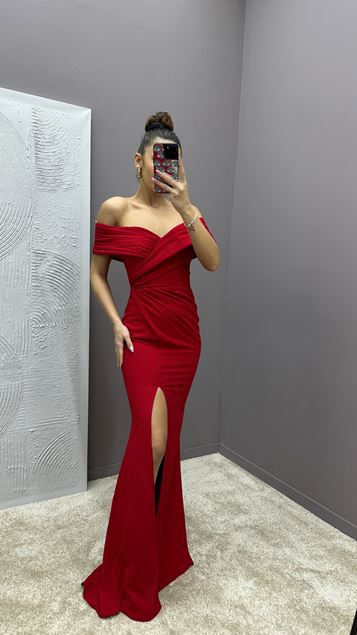 Kırmızı Göğsü Çapraz Detay Tasarım Abiye Elbise