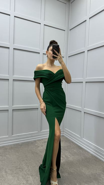 Abito da sera blu smeraldo con scollo a V e dettaglio incrociato 