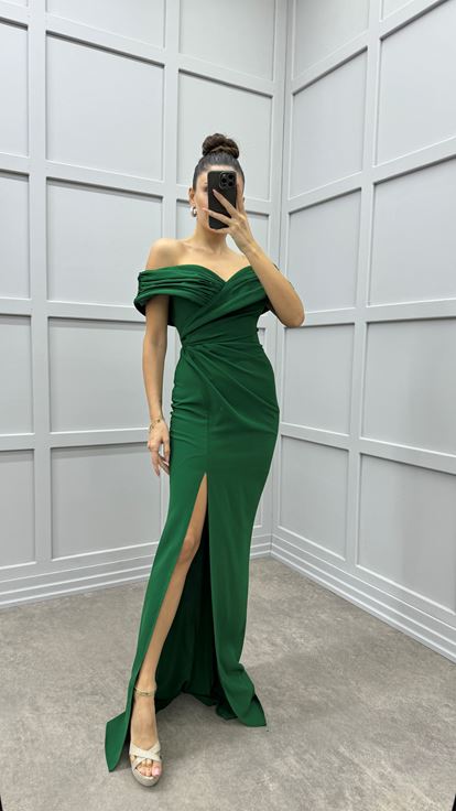 Abito da sera blu smeraldo con scollo a V e dettaglio incrociato 