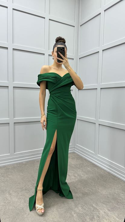 Abito da sera blu smeraldo con scollo a V e dettaglio incrociato 