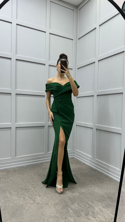 Abito da sera blu smeraldo con scollo a V e dettaglio incrociato 