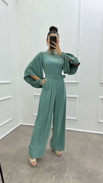 Mint Yeşili Kol Detay İşlemeli Tasarım Elbise