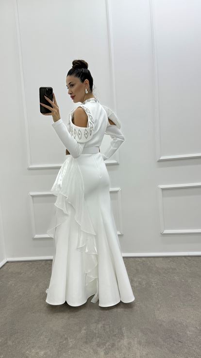 White Sleeve Detail Flounced Design Evening Dress