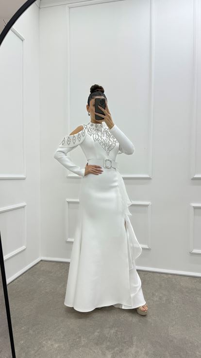 White Sleeve Detail Flounced Design Evening Dress
