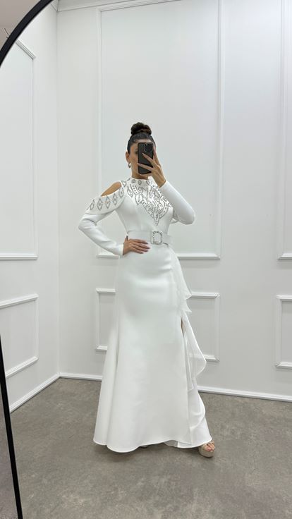 White Sleeve Detail Flounced Design Evening Dress