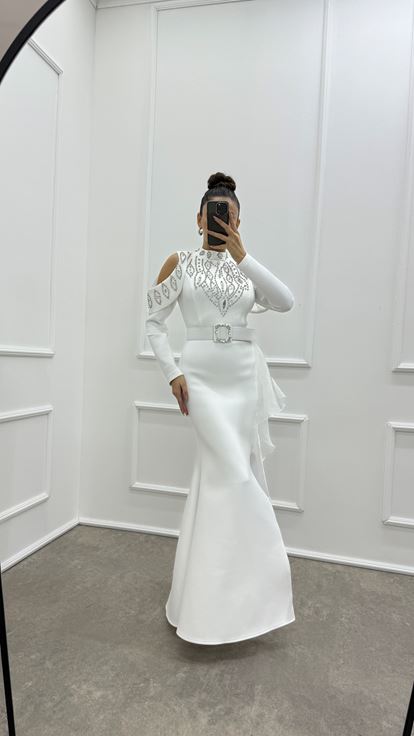 White Sleeve Detail Flounced Design Evening Dress