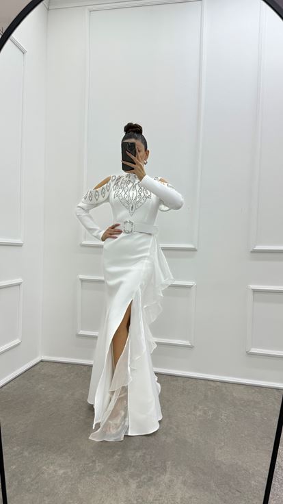 White Sleeve Detail Flounced Design Evening Dress
