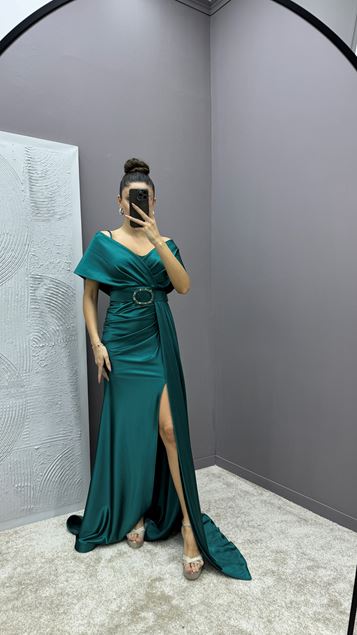 Emerald Double-breasted Collar Belted Design Satin Evening Dress
