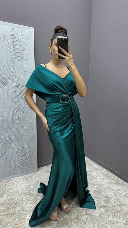Emerald Green Wrap Neckline Belted Design Satin Evening Dress