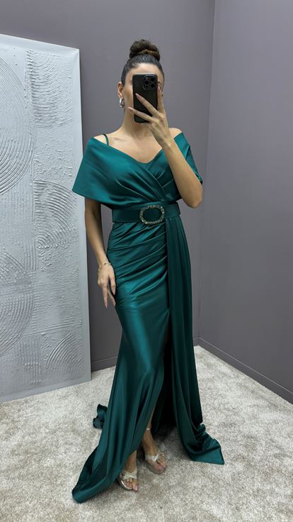 Emerald Green Wrap Neckline Belted Design Satin Evening Dress