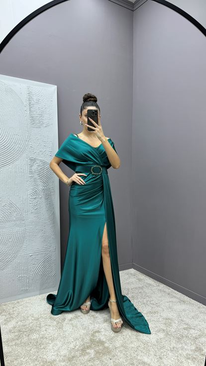 Emerald Green Wrap Neckline Belted Design Satin Evening Dress