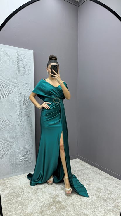 Emerald Green Wrap Neckline Belted Design Satin Evening Dress