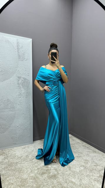 Turquoise Col Double Boutonnage Ceinturé Design Satin Robe De Soirée