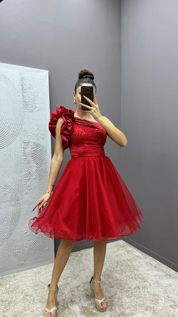 Red One Shoulder Flywheel Detail Design Tulle Dress