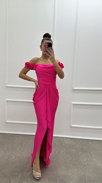 Pink Strapless Shoulder Detail Draped Design Evening Dress