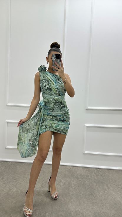 Mint Green One Shoulder Ruched Detail Patterned Designer Dress