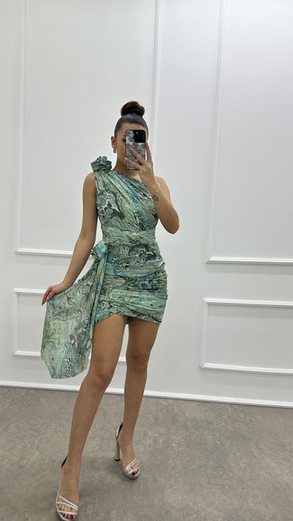 Mint Green One Shoulder Ruched Detail Patterned Designer Dress