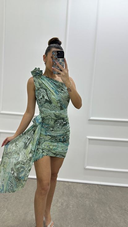 Mint Green One Shoulder Ruched Detail Patterned Designer Dress