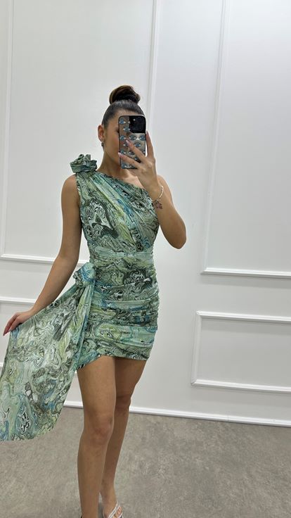 Mint Green One Shoulder Ruched Detail Patterned Designer Dress