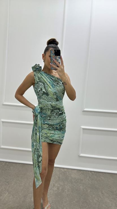Mint Green One Shoulder Ruched Detail Patterned Designer Dress