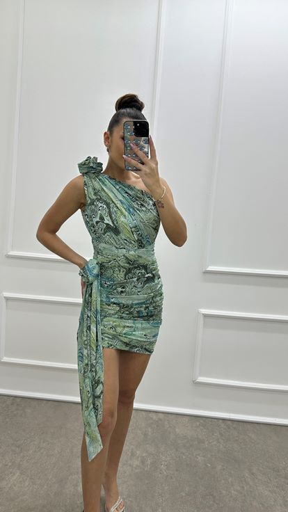 Mint Green One Shoulder Ruched Detail Patterned Designer Dress