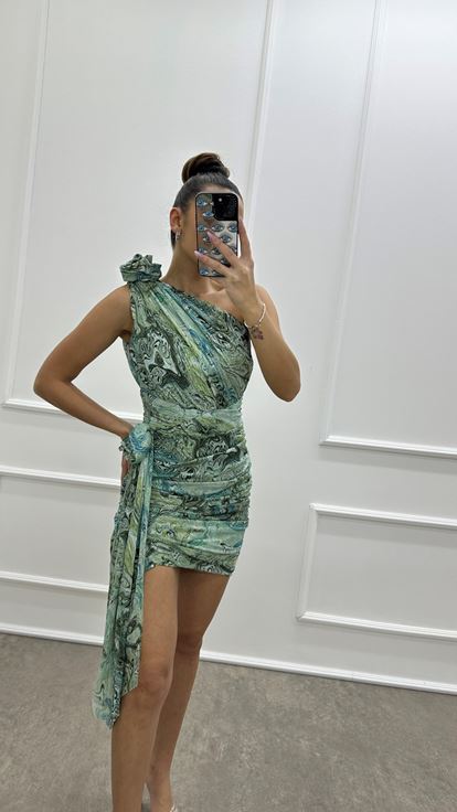 Mint Green One Shoulder Ruched Detail Patterned Designer Dress