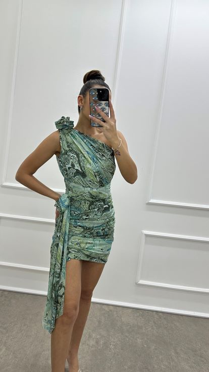 Mint Green One Shoulder Ruched Detail Patterned Designer Dress