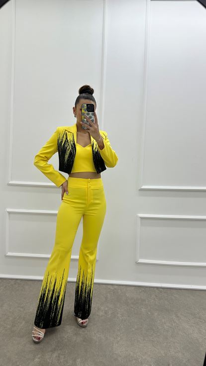 Gelbes  gemustertes Crop Top Dreiteiler Set