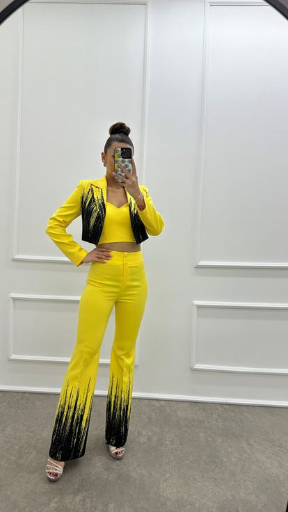 Gelbes  gemustertes Crop Top Dreiteiler Set